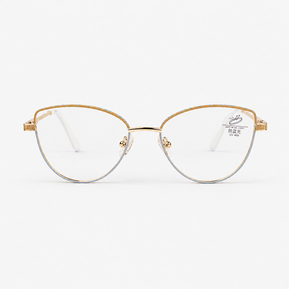 Vista frontal de gafas de descanso para mujer cat eye geometricas en metal dorado con ceja glitter multicolor Piclek