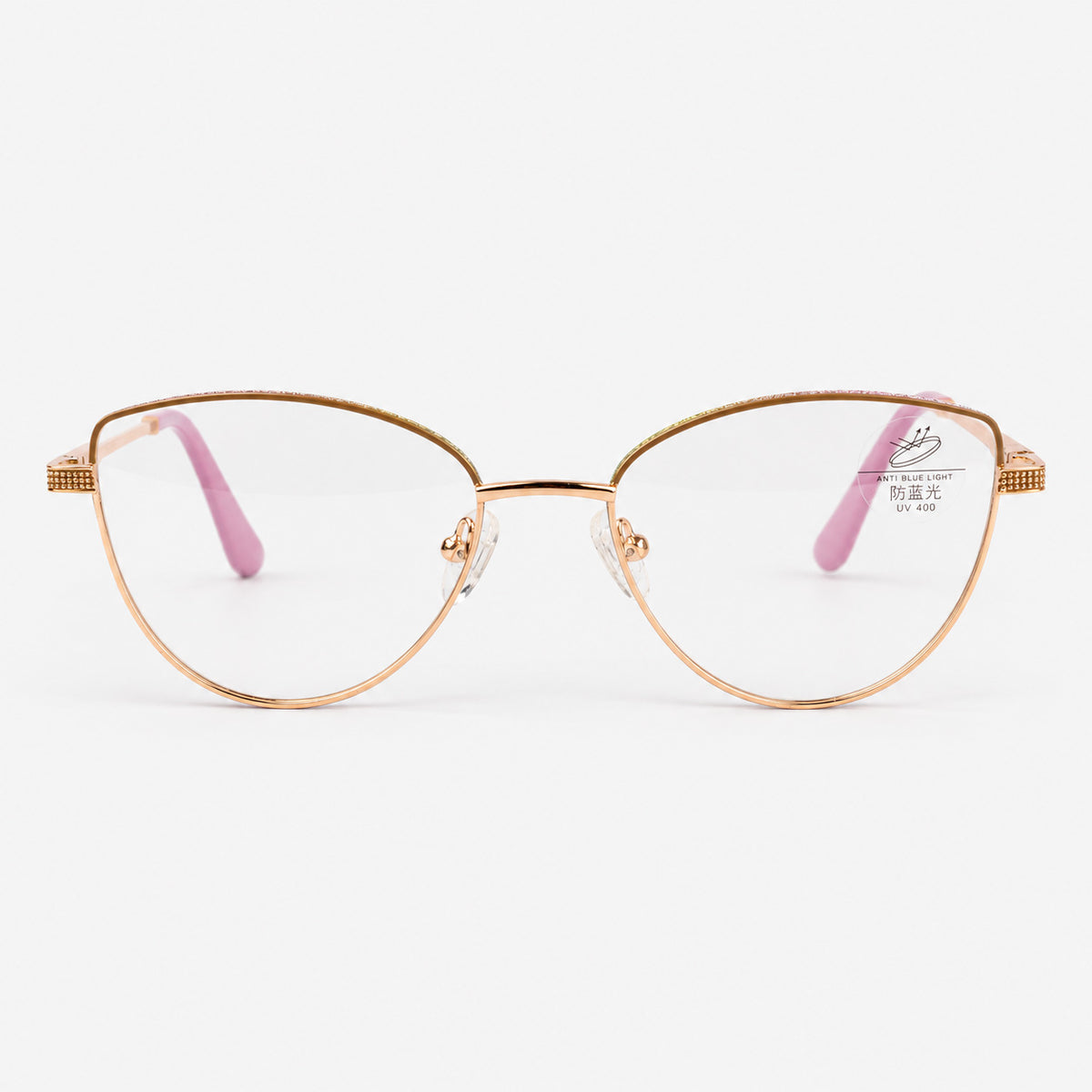Vista frontal de gafas de descanso para mujer cat eye geometricas metal dorado con glitter multicolor Piclek