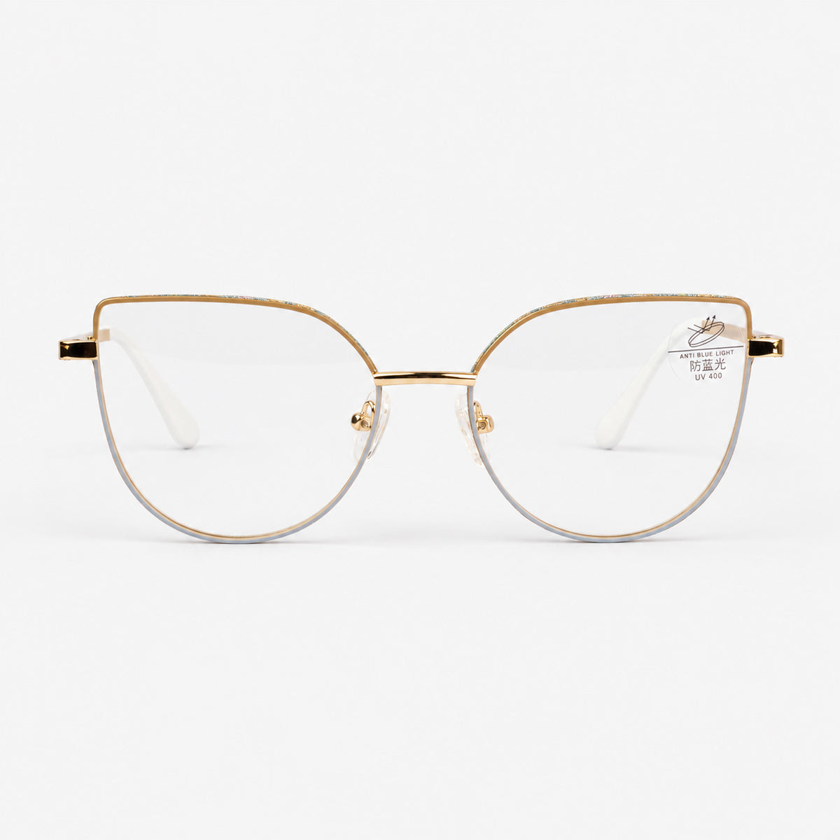 Vista frontal de gafas de descanso para mujer cat eye geometricas metal dorado con glitter multicolor Piclek