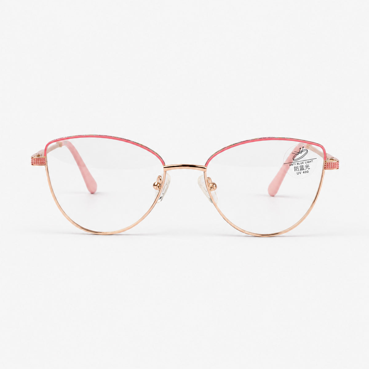 Vista frontal de gafas de descanso para mujer cat eye geometricas metal oro rosa con glitter fucsia Piclek