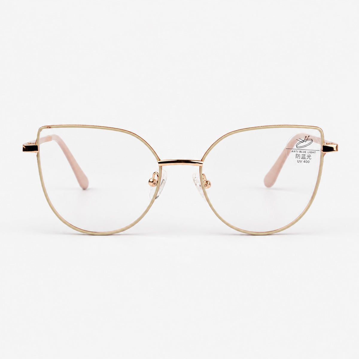 Vista frontal de gafas de descanso para mujer cat eye geometricas metal oro rosa con glitter Piclek