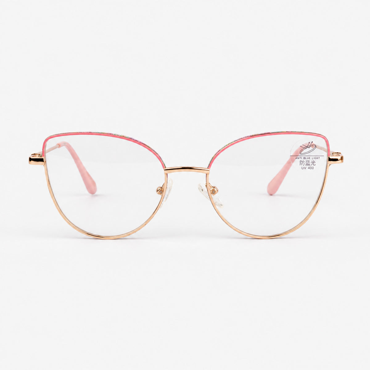 Vista frontal de gafas de descanso para mujer con filtro de luz azul metal dorado y glitter rosa Piclek