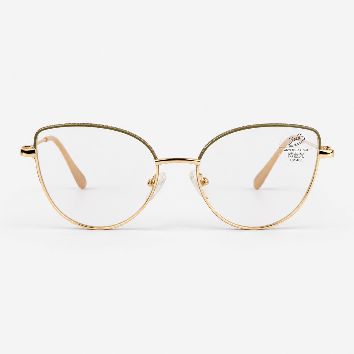 Vista frontal de gafas de descanso para mujer con filtro de luz azul metal dorado y glitter verde oliva Piclek
