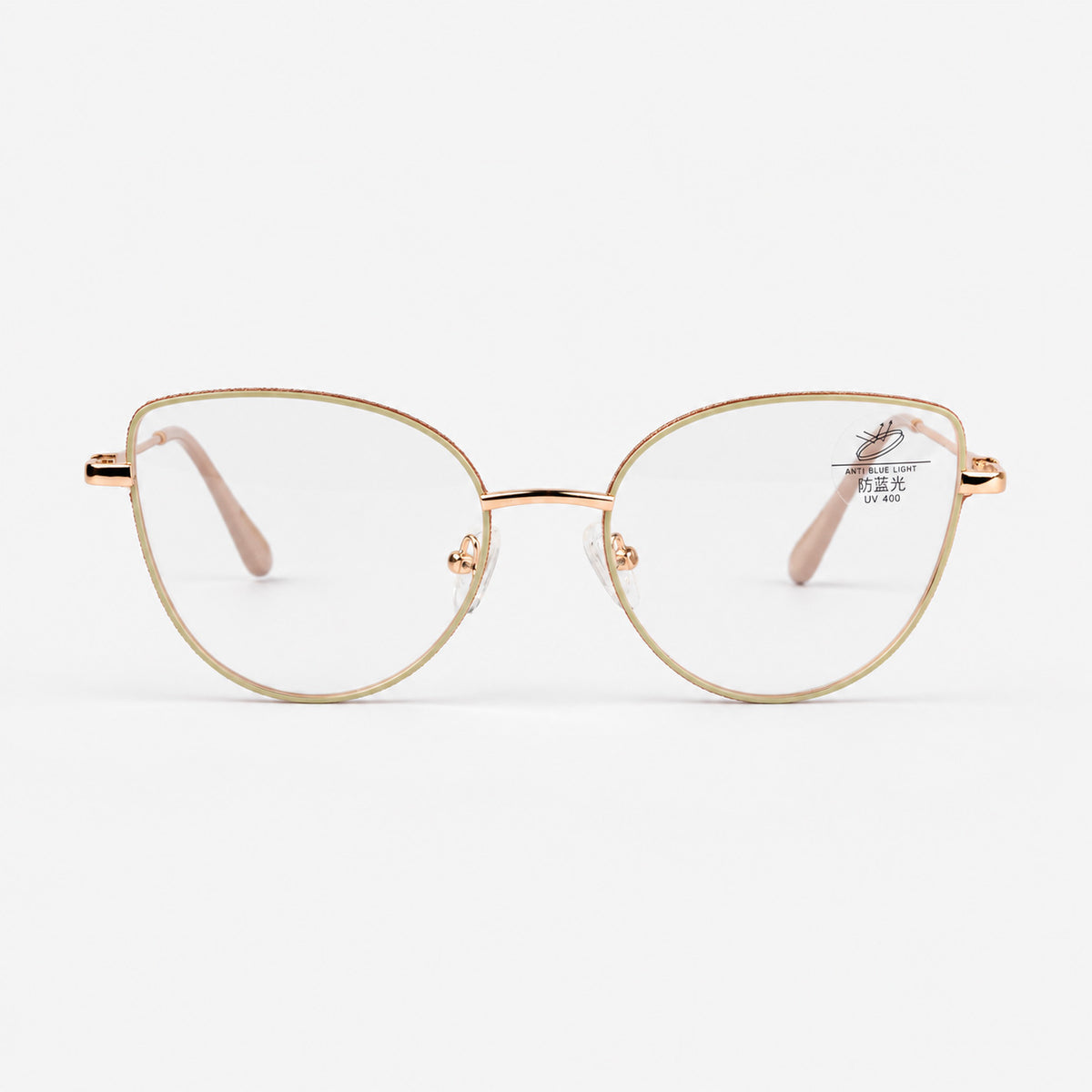 Vista frontal de gafas de descanso cat eye en metal oro rosa con filtro de luz azul Piclek