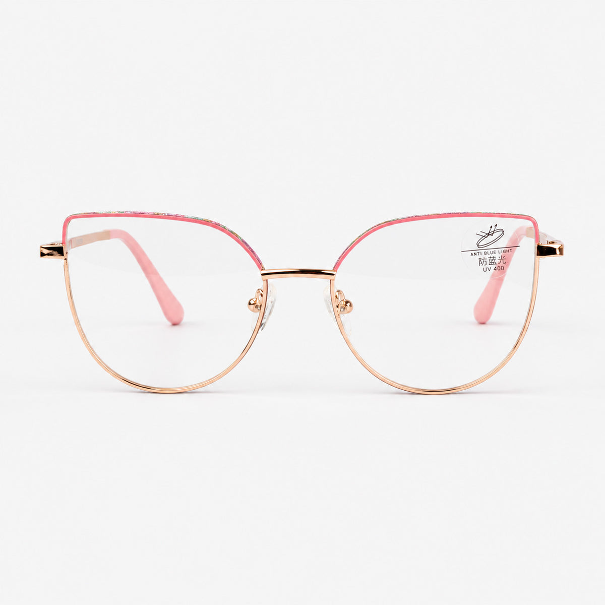 Vista frontal de gafas de descanso para mujer con filtro de luz azul oro rosa y glitter fucsia Piclek