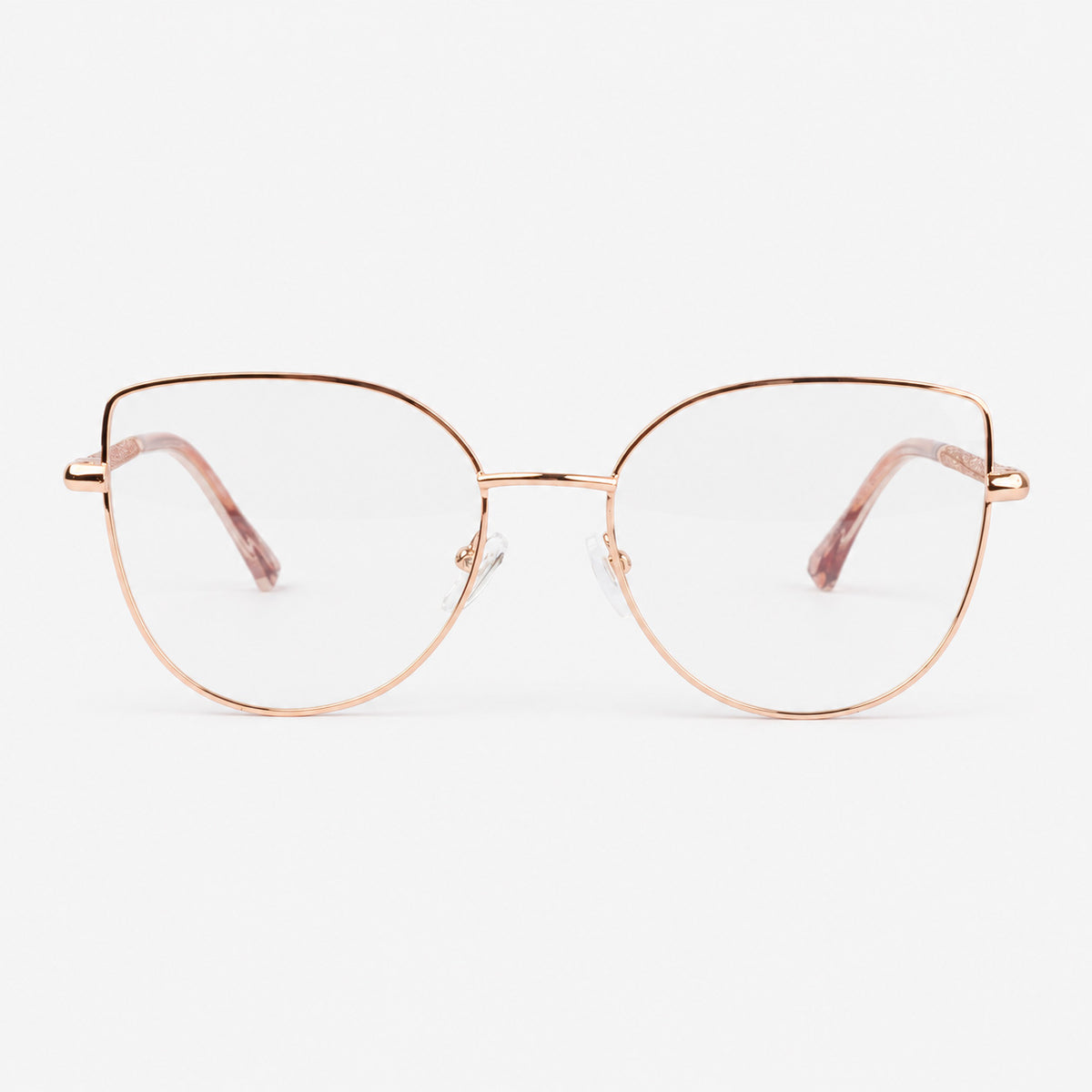 Vista frontal de gafas de descanso para mujer cat eye geometrica metal oro rosa liso con filtro luz azul uv400 Piclek