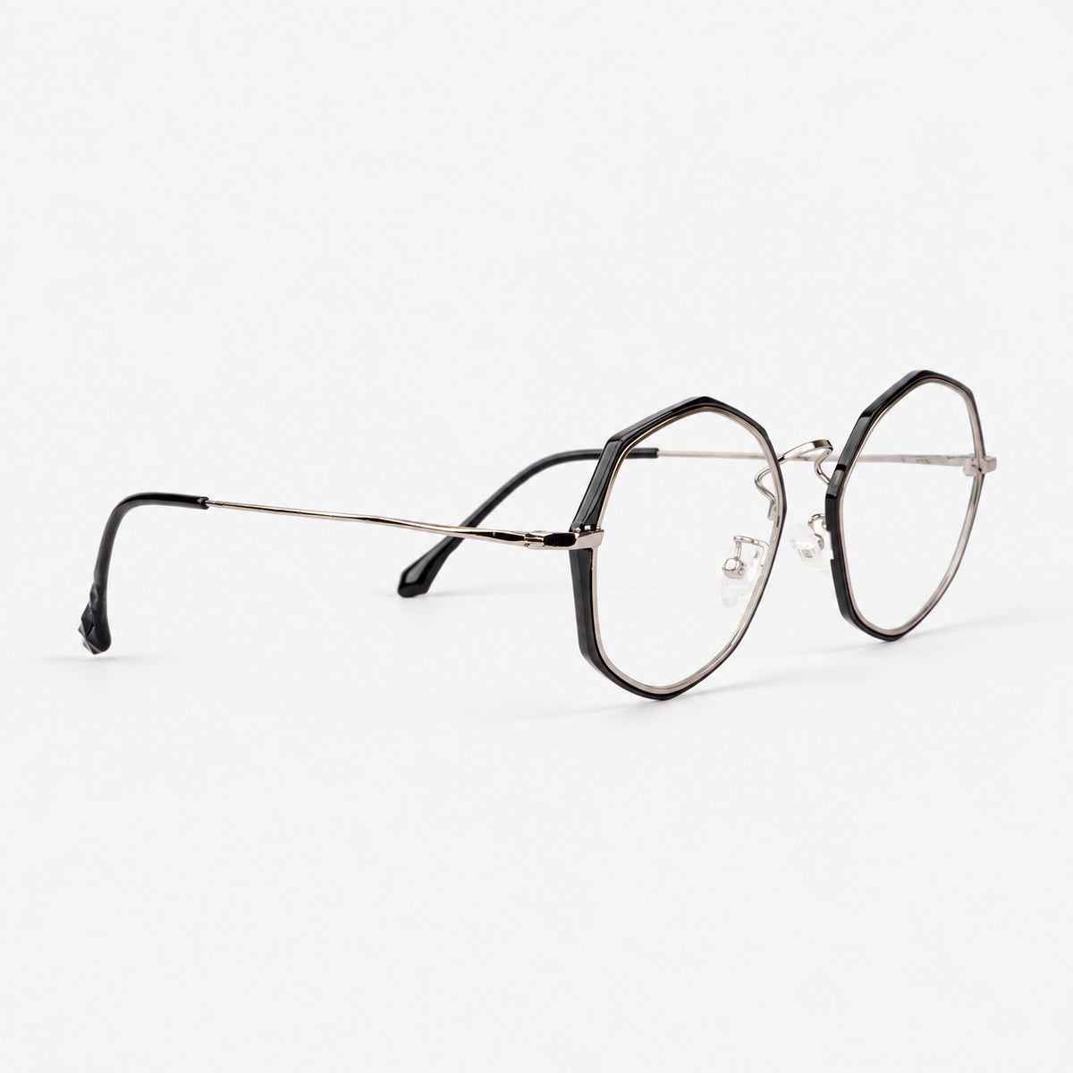 Gafas oftalmicas estilo poligonal en metal plata con aros de tr90 negro brillante Piclek