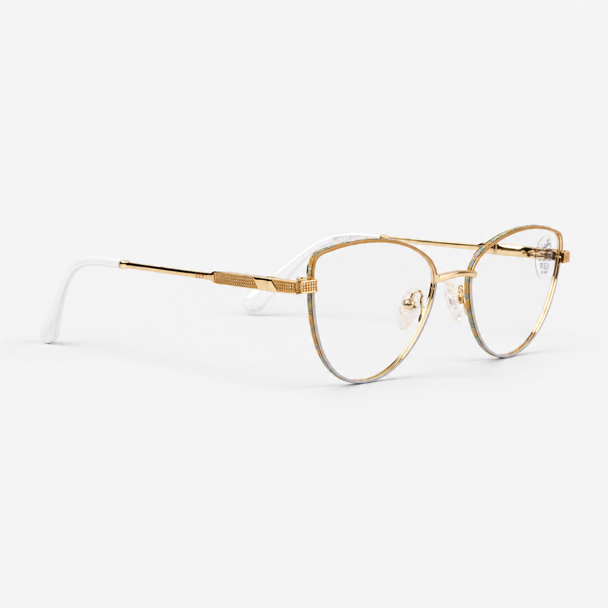 Gafas de descanso estilo cat eye doradas con detalle glitter multicolor y terminales blancas Piclek