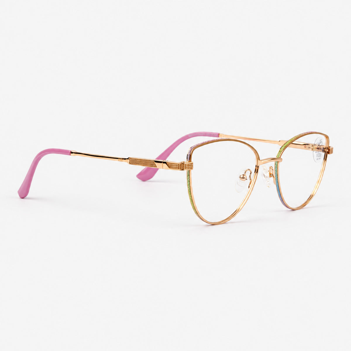 Gafas de descanso estilo cat eye angular doradas con borde glitter arcoiris y terminales fucsia Piclek