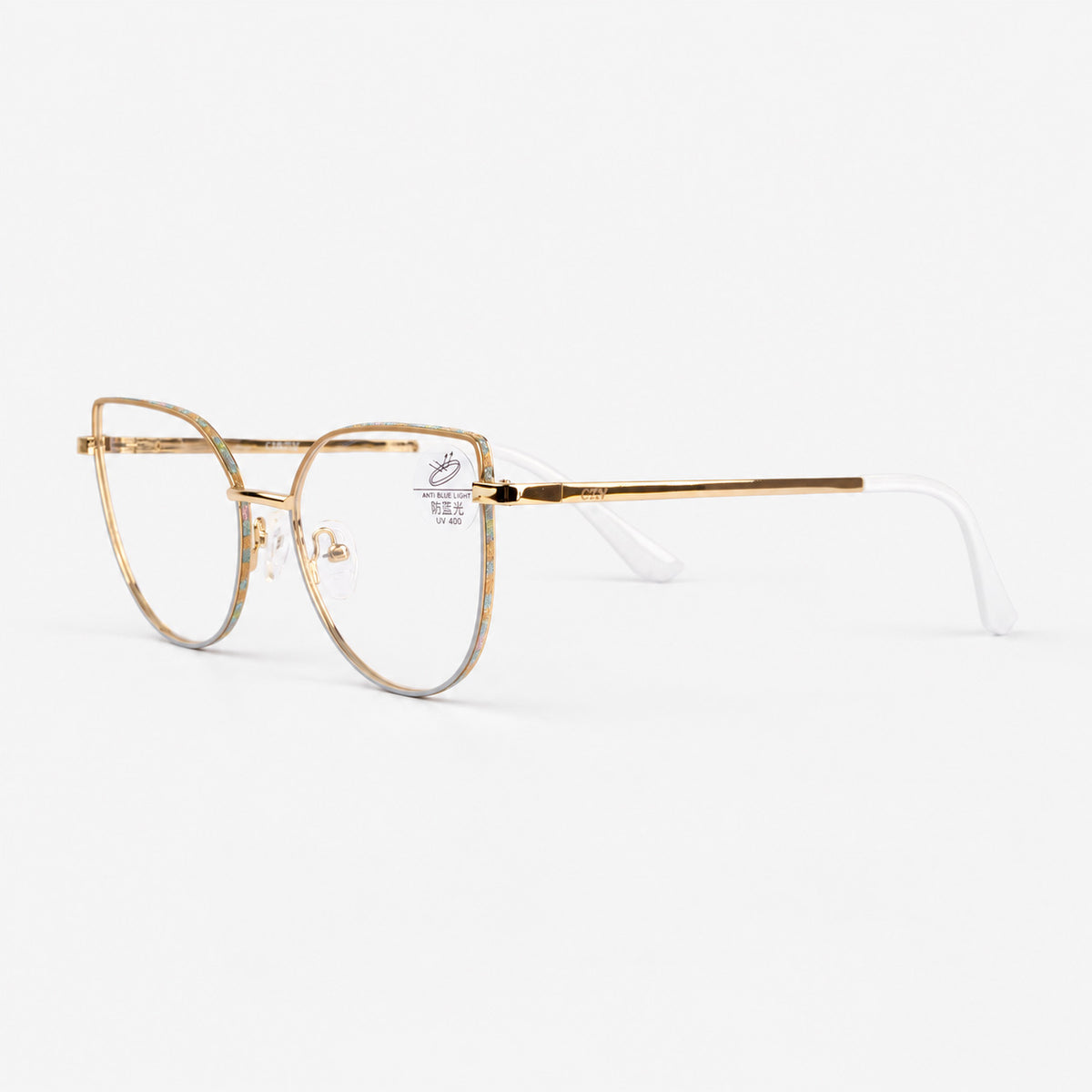Gafas de descanso estilo cat eye angular doradas con borde glitter pastel y terminales blancas Piclek