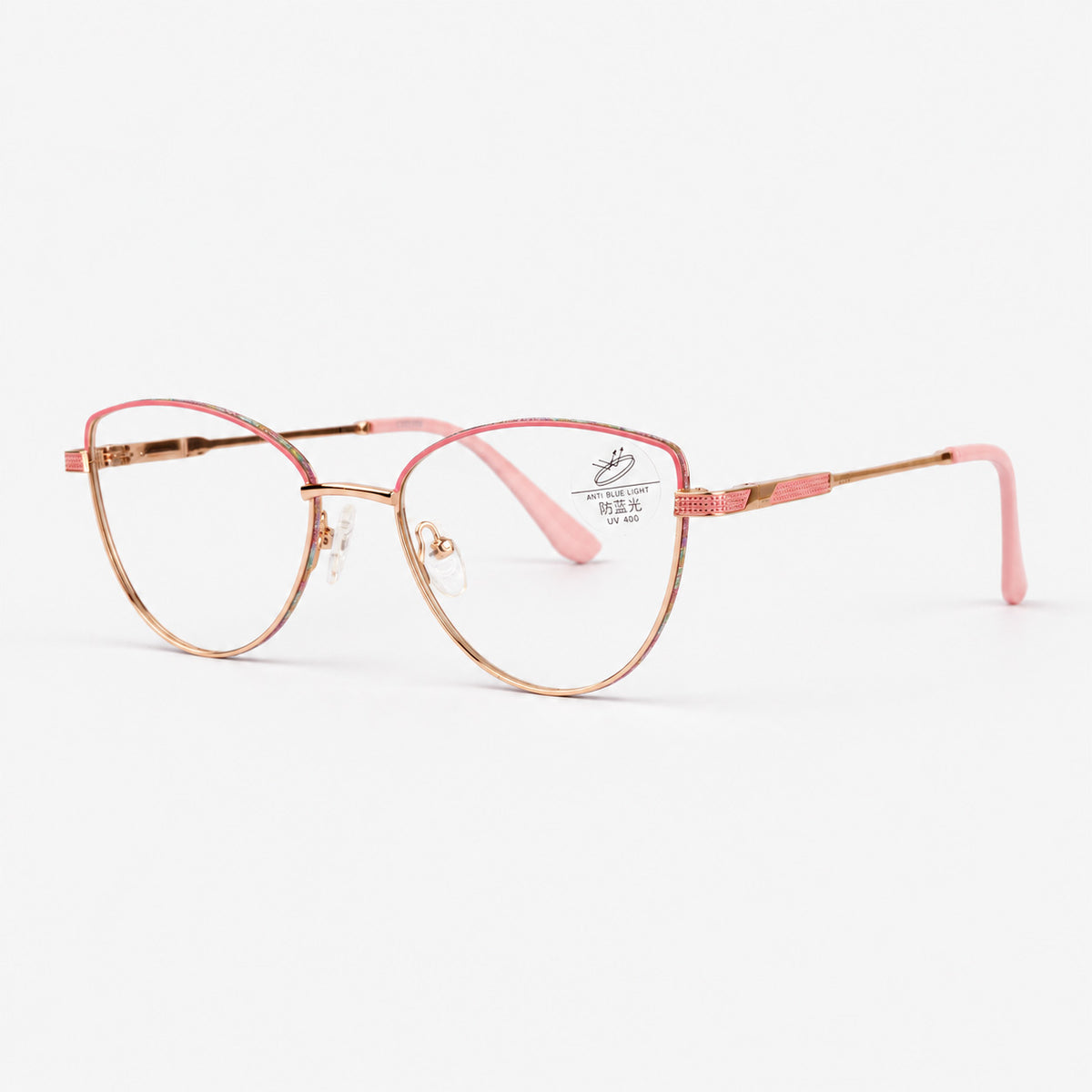 Gafas de descanso estilo cat eye angular doradas con borde glitter fucsia y terminales rosa pastel Piclek