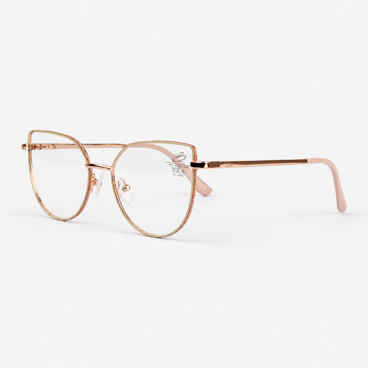 Gafas de descanso estilo cat eye angular doradas con borde glitter oro rosa y terminales salmon Piclek