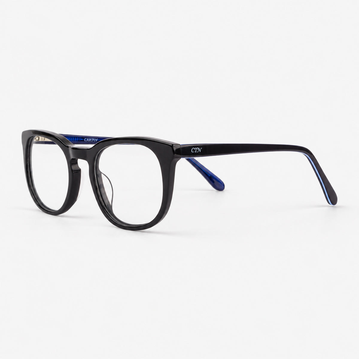 Gafas oftalmicas estilo pantos retro en acetato negro brillante revelando interior azul Piclek