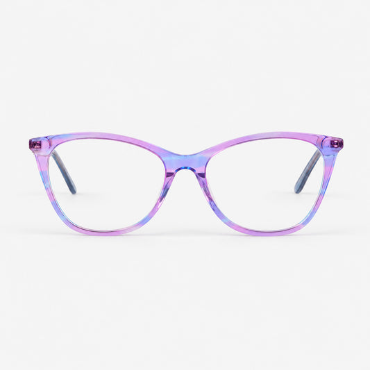 Montura oftálmica Cat Eye en acetato degradé morado y azul vista frontal Piclek