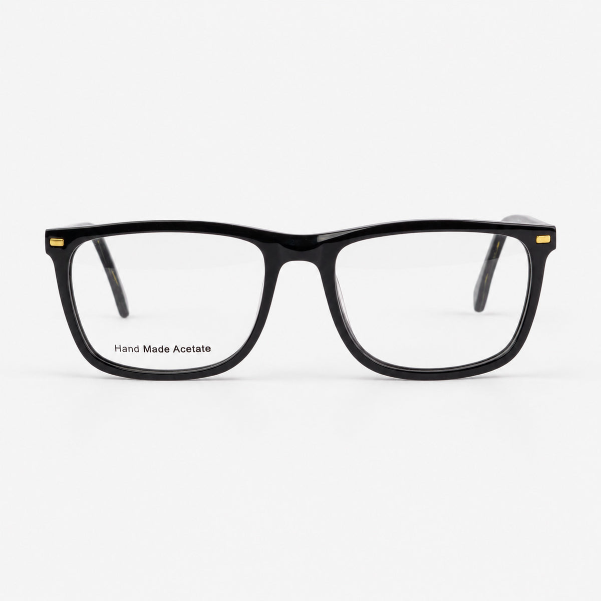 Vista frontal montura oftalmica clasica de acetato negro brillante con remaches plateados Piclek