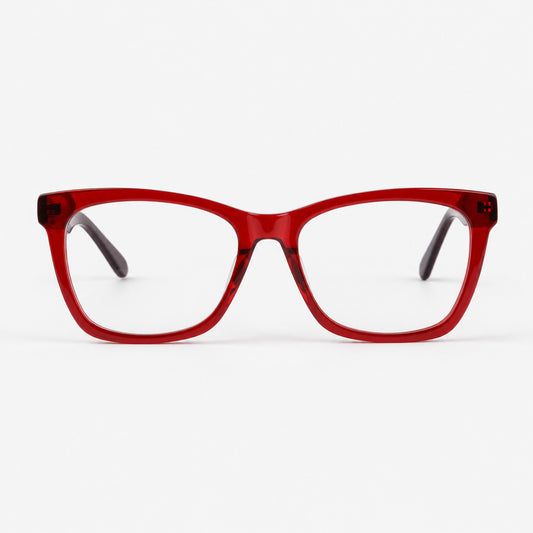 Montura oftalmica cuadrada unisex en acetato rojo traslucido vista frontal Piclek