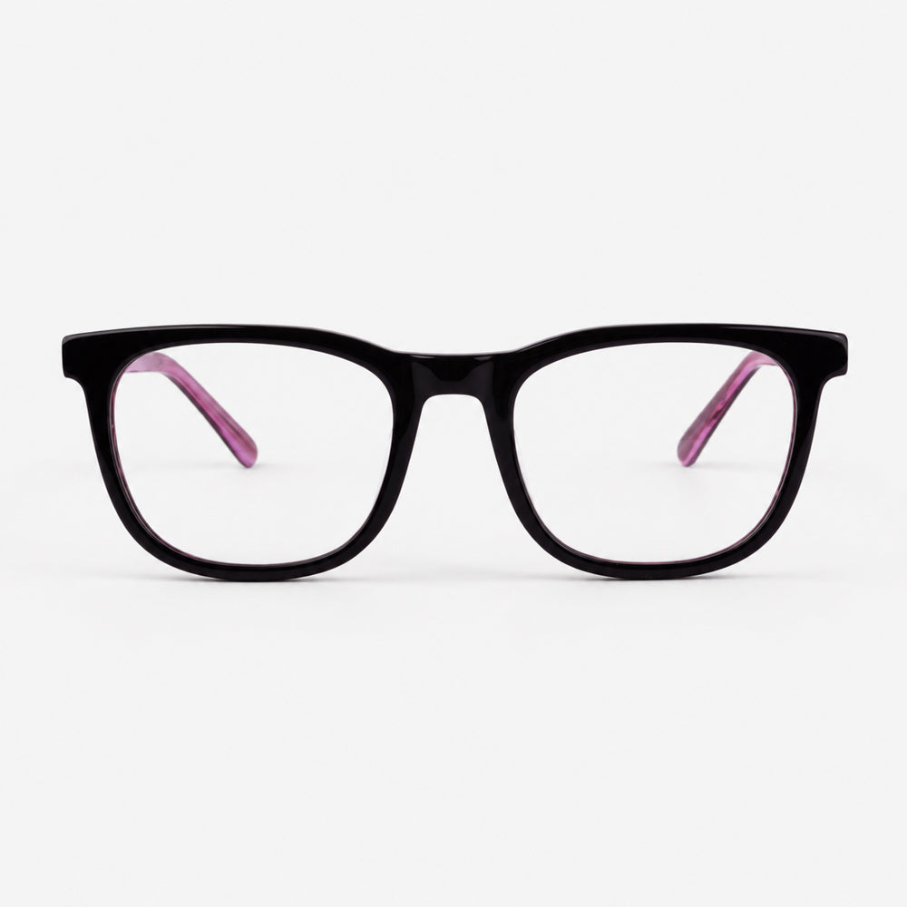 Montura oftalmica cuadrada para mujer en tono morado oscuro vista frontal Piclek