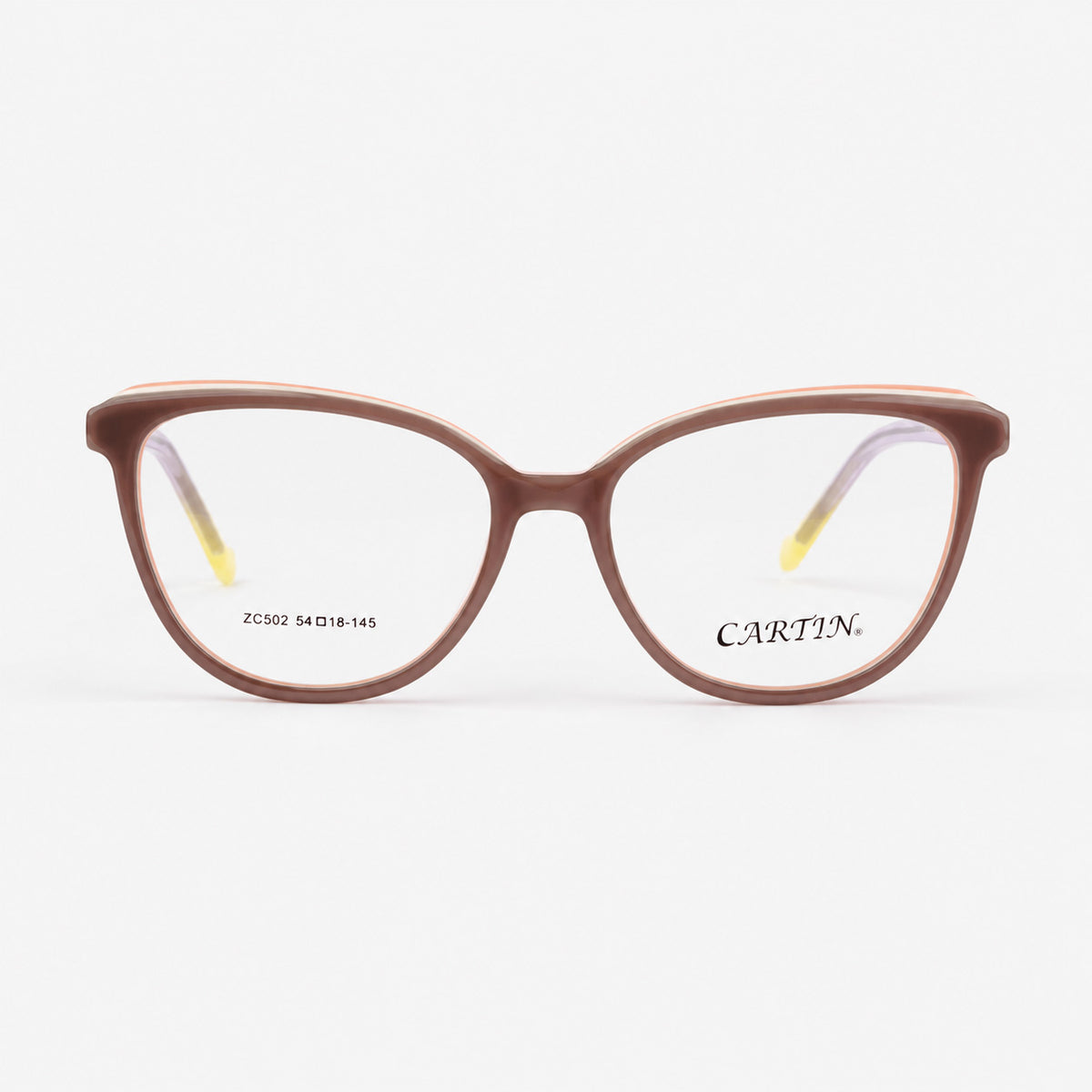 Vista frontal de montura oftalmica cat eye de acetato gris claro multicapa Piclek