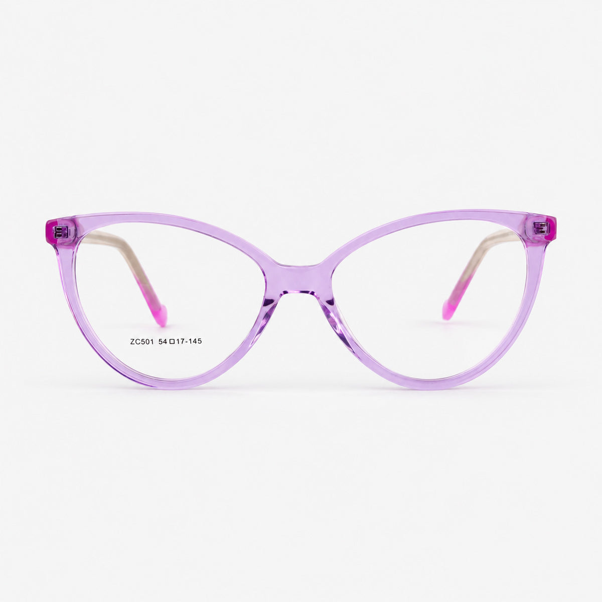 Vista frontal montura oftalmica femenina de acetato estilo cat eye lila translucido Piclek