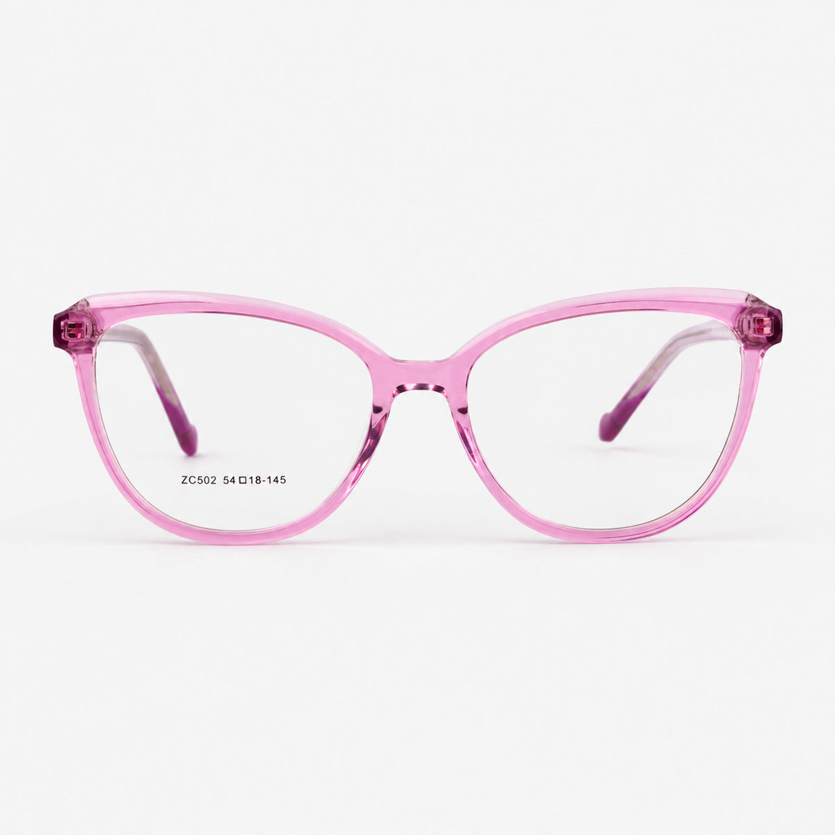 Vista frontal de montura oftalmica cat eye de acetato magenta translucido Piclek