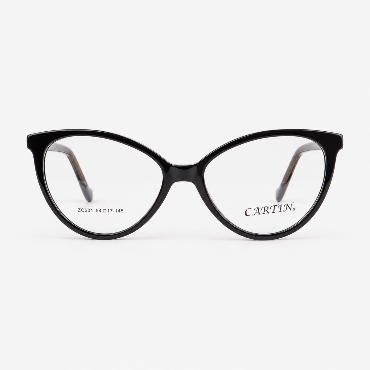 Vista frontal montura oftalmica femenina de acetato estilo cat eye negra brillante Piclek
