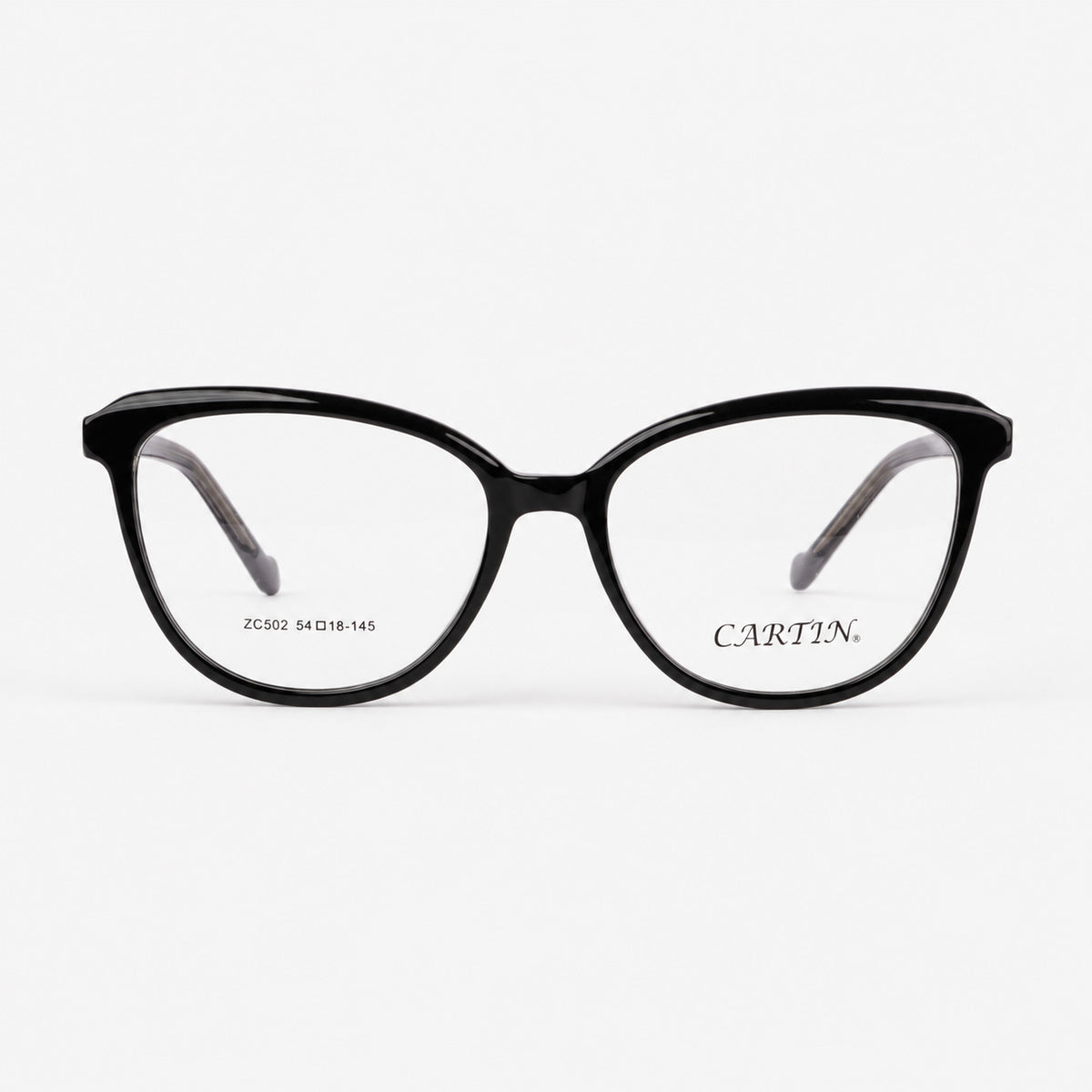 Vista frontal de montura oftalmica cat eye de acetato negro brillante Piclek
