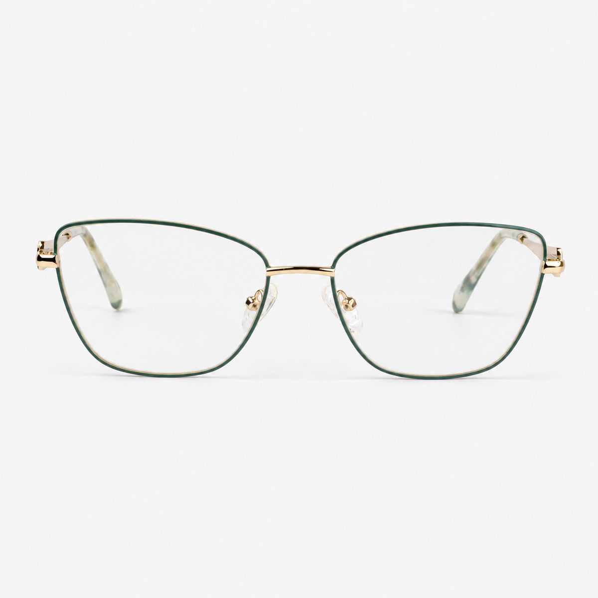 Vista frontal de montura oftalmica para mujer cat eye metal dorado con perfil esmaltado verde oscuro Piclek