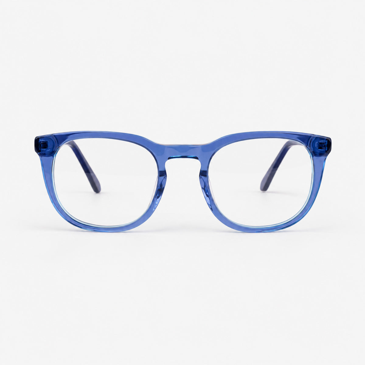 Vista frontal de montura oftalmica unisex estilo pantos en acetato azul translucido con puente keyhole Piclek