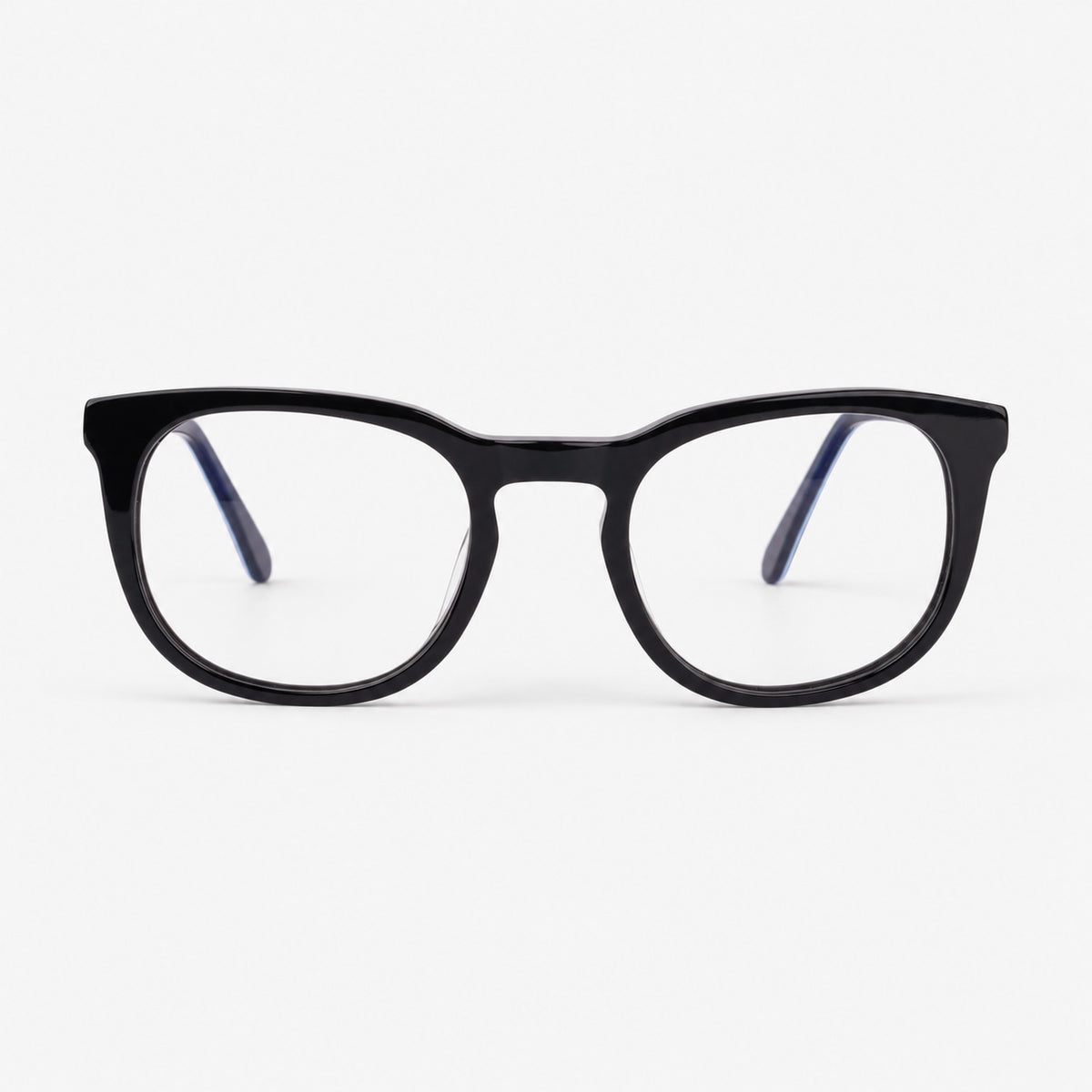 Vista frontal de montura oftalmica unisex estilo pantos en acetato negro brillante con puente keyhole Piclek