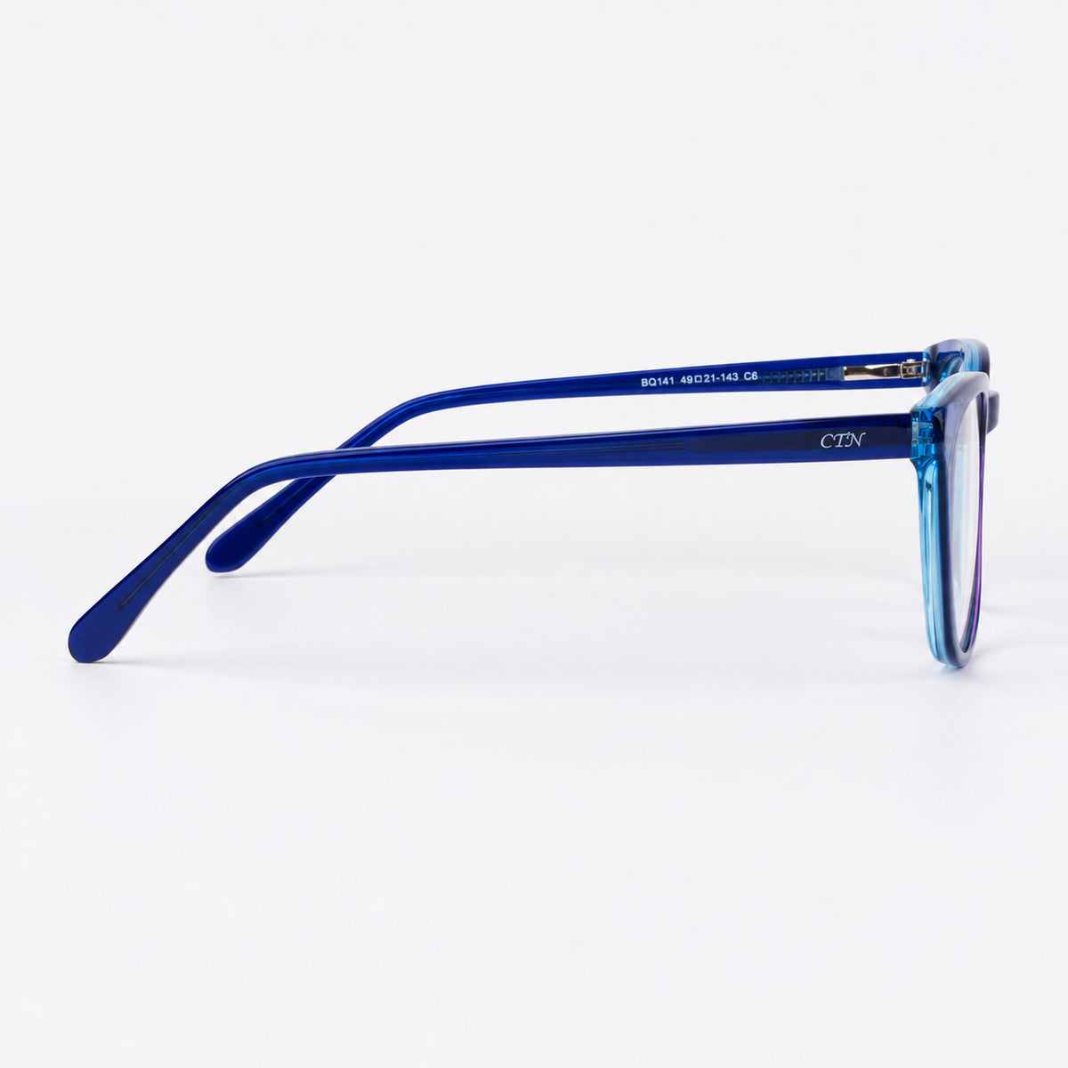 Perfil lateral de montura pantos mostrando varilla en acetato azul translucido con logo Piclek
