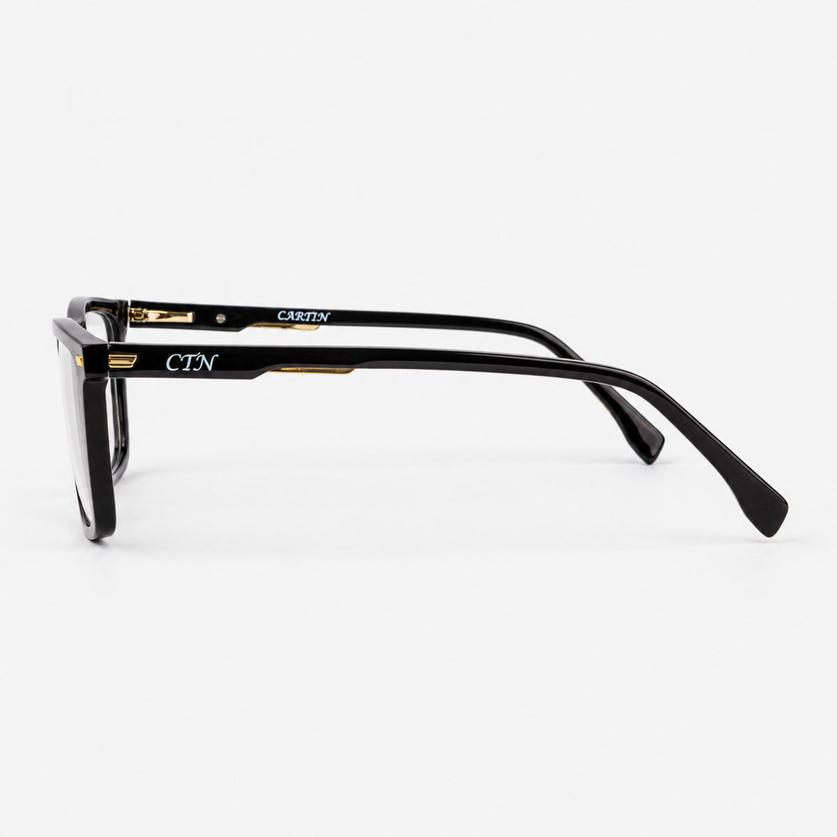 Perfil lateral montura acetato negro mostrando apliques plateados incrustados Piclek