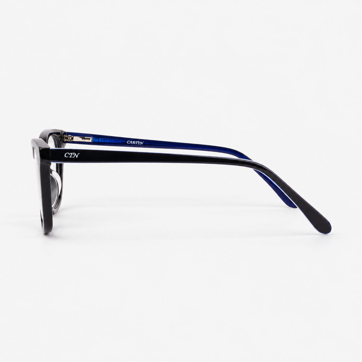 Perfil lateral de montura pantos mostrando varilla en acetato bicolor negro y azul translucido con logo CTN Piclek