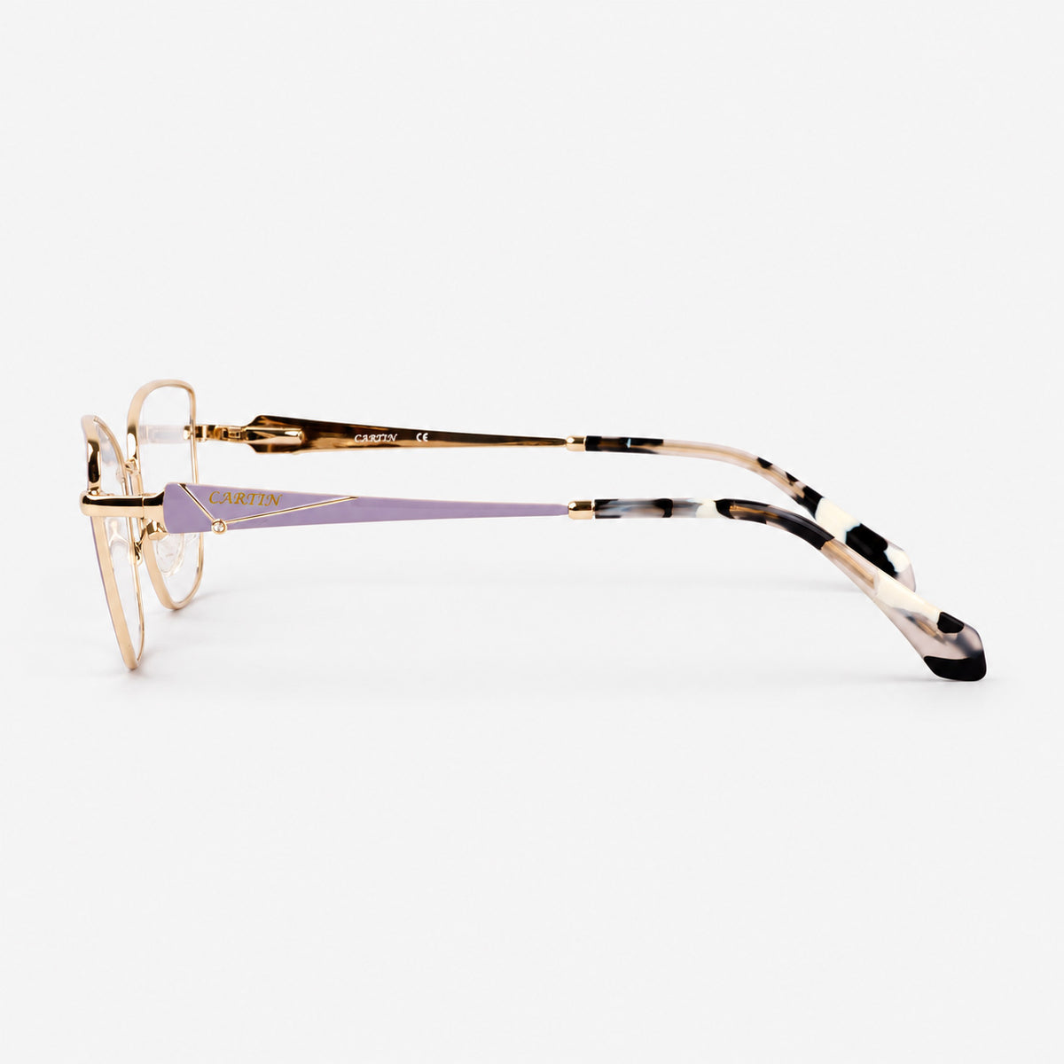 Perfil lateral de montura cat eye mostrando varilla decorativa lila marca Cartin y terminal carey Piclek