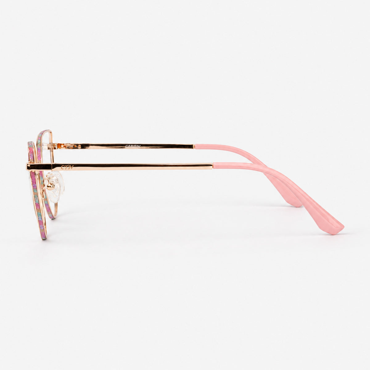 Perfil lateral de gafas de descanso mostrando varilla metalica oro rosa y terminal rosa pastel Piclek